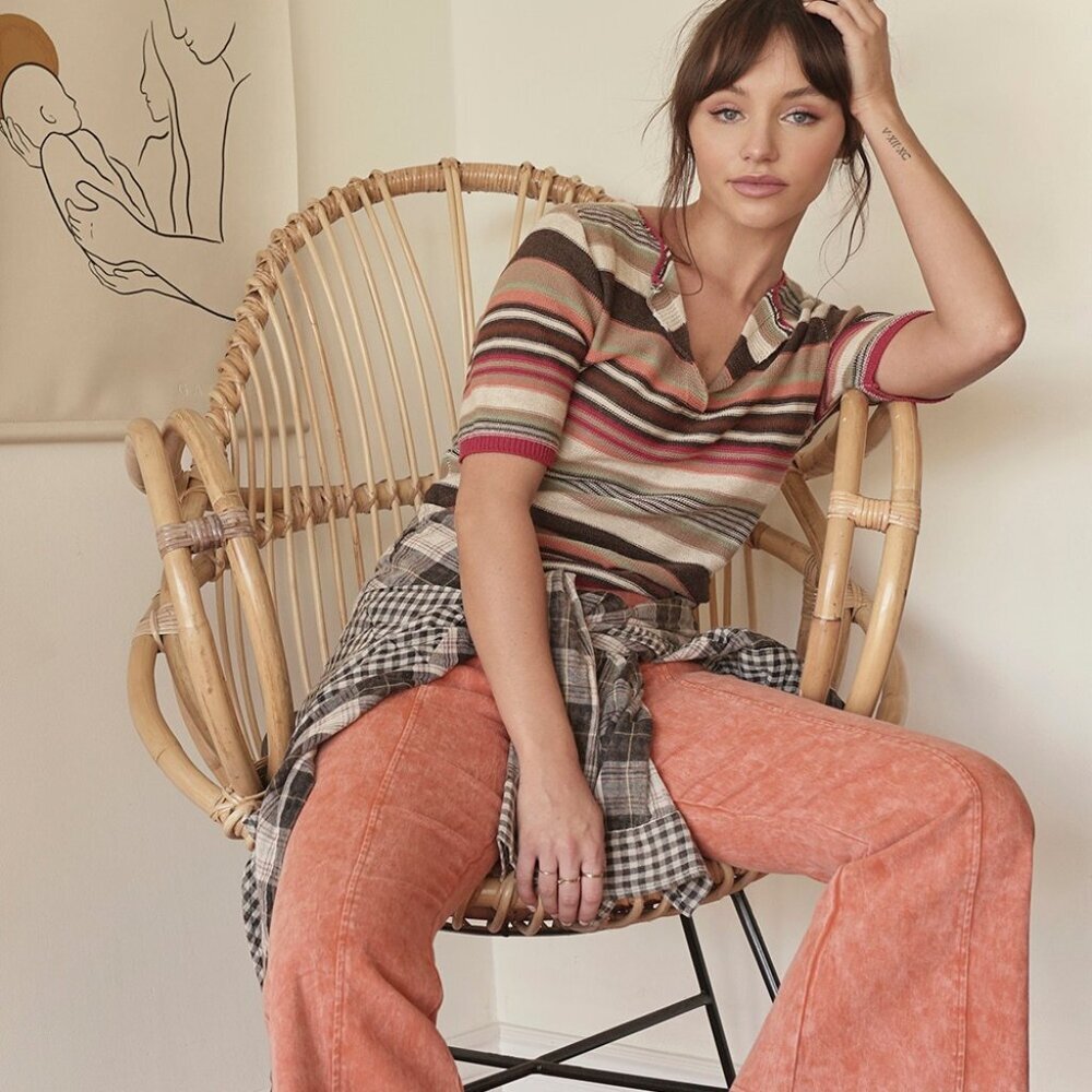 MYSTREE Multicolor Stripe Split Neck Knit Top